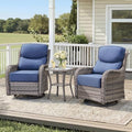 Luxury Outdoor Swivel Rocker Patio Chairs-3 Piece Wicker Patio Rocking Chairs Set of 2 with Glass Side Table 6" Thick Cushions High Back Outdoor Furniture Sets for Deck Porch Balcony(Grey/Blue)