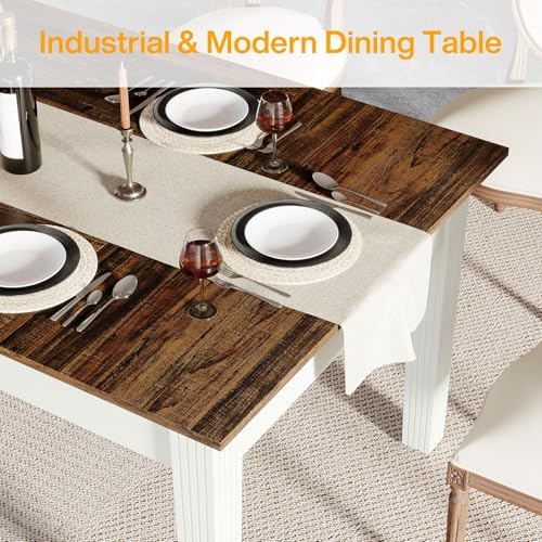 Tribesigns Dining Table for 4-6 People, 63-Inch Rectangular Kitchen Table with Solid Wood Legs, Farmhouse Dinner Table for Dining Room, Kitchen, Rustic Brown & Cream White