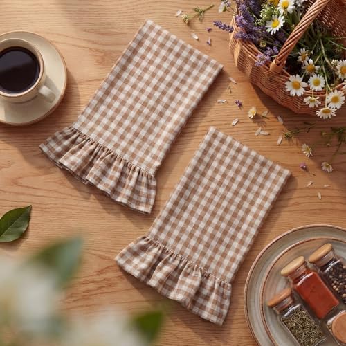HunnmingRe 2 Pcs Taupe Gingham Kitchen Towels Cotton Ruffled