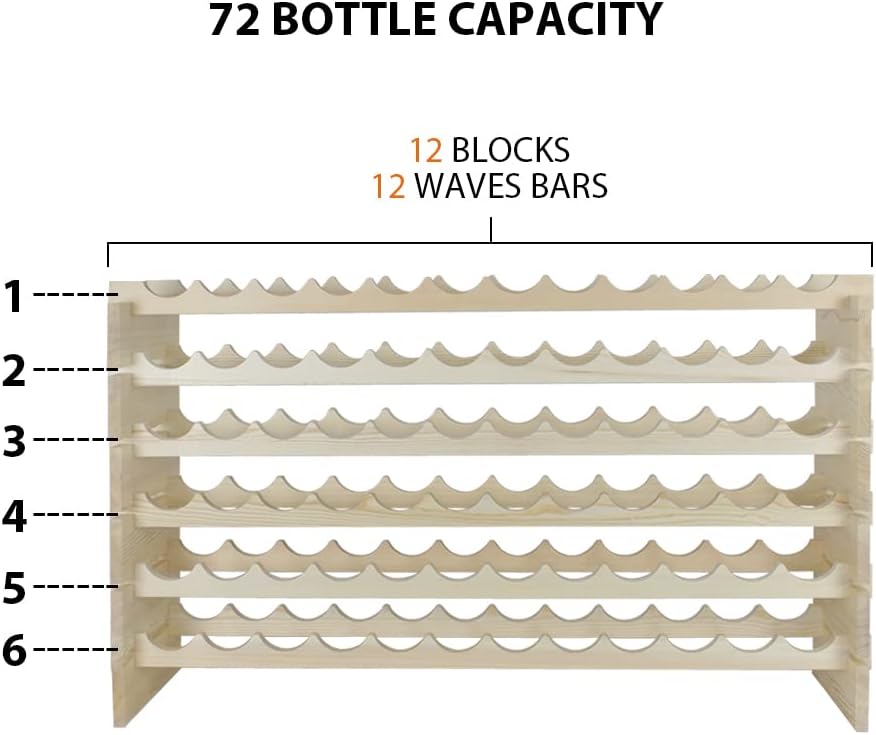 72 Bottles Stackable Modular Wine Rack, 6-Tier 72 Slots Floor Wine Storage Stand Wooden Wine Holder Display Shelves, Wobble-Free, Solid Wood, Floor Free Standing