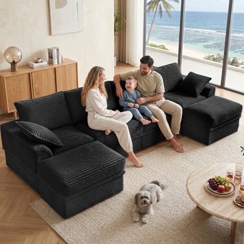 142" Upgraded Boneless Couch with Storage, Modular Sectional Couches for Living Room, Oversized Deep Seat 6-Seat U Shaped Cloud Sofa with Ottoman & Pillows,Corduroy,No Assembly (Black)