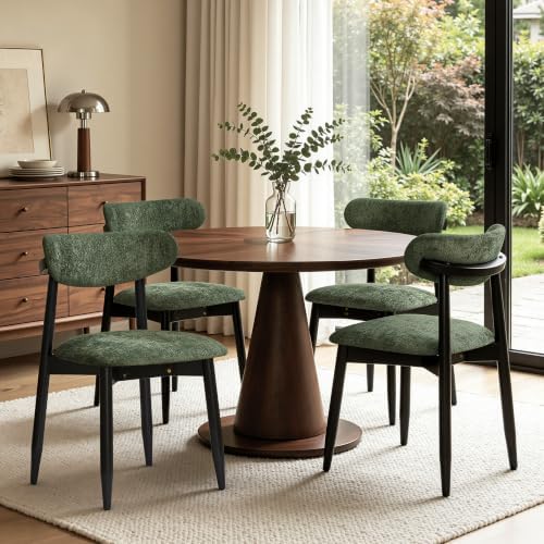 CHUN YI Dining Chairs Set of 4, Upholstered Wooden Dining Room Chairs, Mid Century Modern Fabric Kitchen Chairs with Ergonomic Curved Back, Green (Only Chairs)