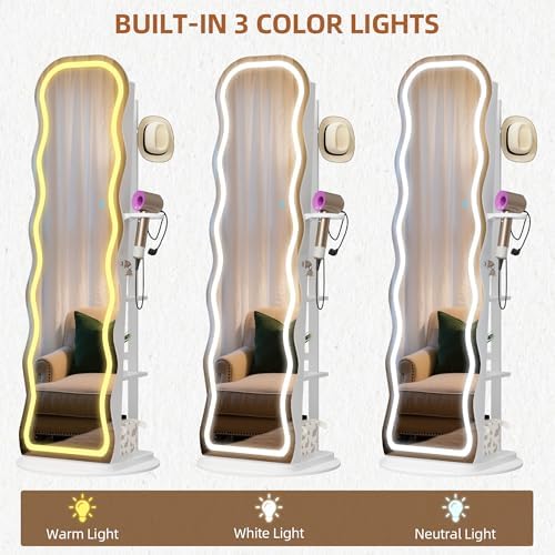 Vlsrka LED Mirror Jewelry Cabinet Standing, 360° Swivel, White | Lockable Jewelry Armoire with Mirror, Interior LED Makeup Mirror, Foldable Shelf, Large Capacity, Gift for Women, Girls