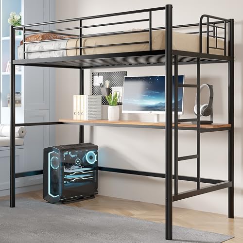 VECELO Loft Bed Twin Size with Desk, Metal Bedframe with Removable Ladder and Safety Guardrail, No Box Spring Needed, Space Saving, Noise Free, Matte Black
