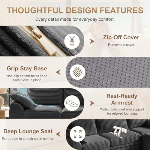 Upgraded Boneless Couch with Storage, Sectional Couches for Living Room, L-Shaped Modular Cloud Corduroy Sofa with Ottoman & Pillows, Oversized Deep Seat Memory Foam Couch, No Assembly(Gray, 107" L)