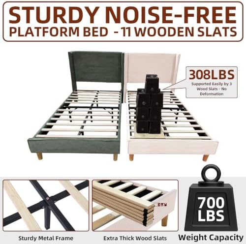 Twin Corduroy Upholstered Platform Bed with Headboard Wingback, Beige