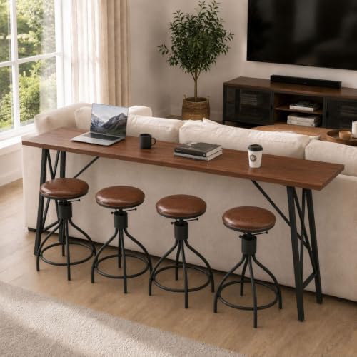 Karl home 83.8" Bar Table and Chairs Set, 4 Adjustable PU Stools, Brown