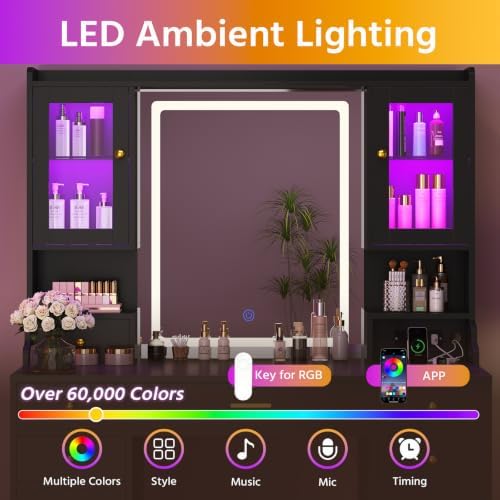 CSZZD Makeup Vanity Desk with Mirror and Lights, Black Vanity Table Set with Charging Station, Dressing Table with RGB Cabinets, Makeup Vanity Mirror with Light Desk and Drawers, 3 LED Light Modes