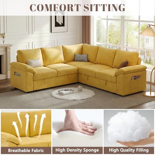 85'' Modular Sectional Sofa with Pull Out Bed, Sleeper Sofa, Yellow