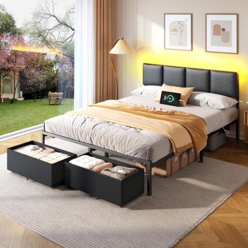 Furnulem Queen Bed Frame with PU Upholstered Headboard and Charging Station