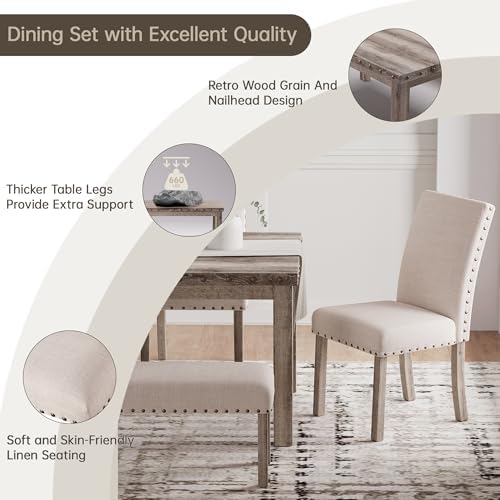 Modern Fort 4-Piece Farmhouse Dining Table Set for 4, 60" Rectangular Wood Dining Table with 2 Upholstered Chairs& Bench，Nailhead Trim, Kitchen Table with Chairs Set for Dining Breakfast Nook