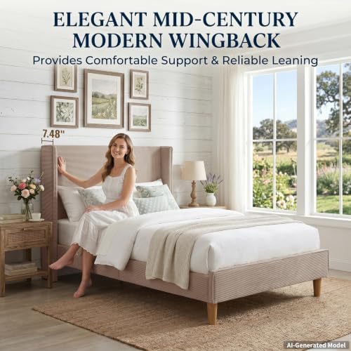 Twin Corduroy Upholstered Platform Bed with Headboard Wingback, Mink