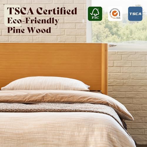 AMERLIFE Solid Wood Queen Bed Frame, Mid Century Bed with Headboard, Yellow