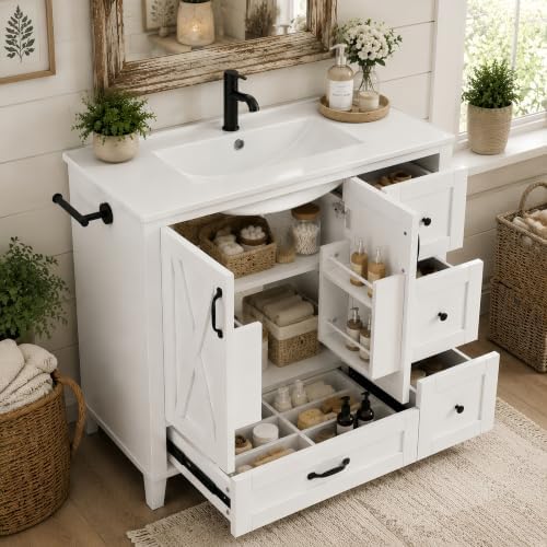 YOPTO 36" Bathroom Vanity with Sink, Freestanding Bathroom Cabinet | Ceramic Top & Backsplash, 4 Storage Drawers, X-Shaped Doors, Adjustable Shelving, Door Storage and Towel Bar, white
