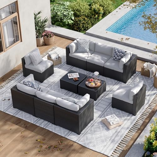 Aoxun 10 Piece Patio Furniture Set Wicker Rattan Patio Sectional Sofa Set Outdoor Seating Furniture with Thickened Cushion, Light Gray