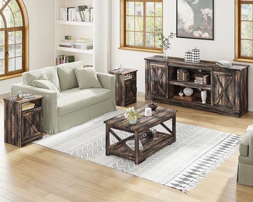 AMERLIFE 4 Piece Farmhouse Table Set with 66" TV Stand, Dark Oak