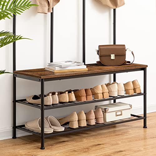 HOOBRO Hall Tree with Bench, Entryway Bench with Coat Rack, Mud Room Rack with 12 Double Hooks and Shoe Storage, Coat Tree, Shoe Rack Organizer, for Foyer, Front Door, Rustic Brown BF05MT01