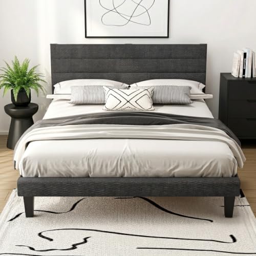 VINGLI King Size Bed Frame and Headboard,Panel Soft Bed with Linen Fabric Upholstered Padding, Low Profile Bed with Durable Wooden Slats Support, No Squeak, Dark Gray