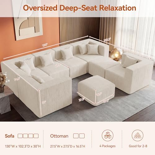 MONVANE Modular Sectional Sofa, Oversized 8 Seat Convertible U Shaped Couch with Ottoman, Comfy Chenille Cloud Couch with Deep Seat, Sectional Couches for Living Room, No Assembly Required, Beige