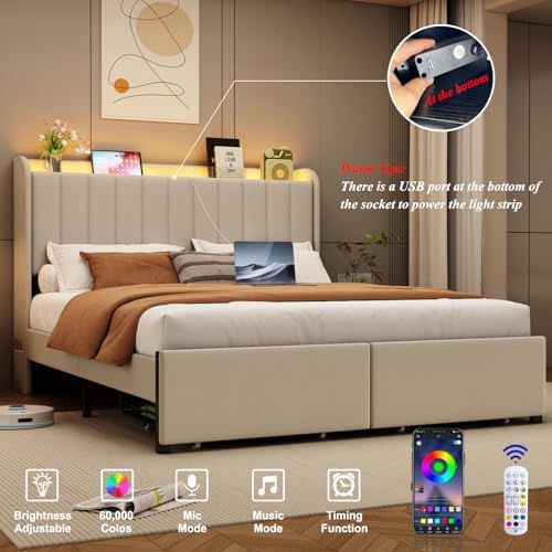 Full Size Bed Frames with Storage Headboard and 2 Drawers, Upholstered Platform Bed Frame Full with Led Lights and Handy Charging Station, No Box Spring Needed, Easy Assembly, Noise Free, Beige