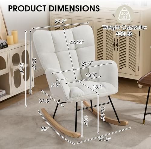 Nursery Rocking Chair, Teddy Upholstered Glider Chair with Thick Cushion, Tufted Gliding Rocker Chair with Wood Leg, Cozy Rocking Armchair, Accent Rocking Chair for Living Room (Ivory)