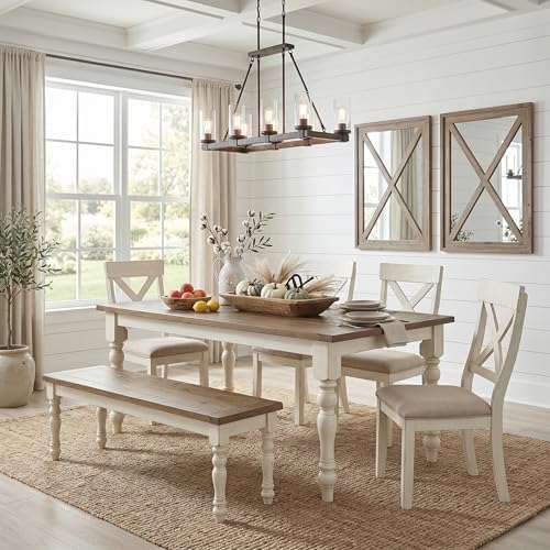 Roundhill Furniture Prato 6-Piece Dining Set, Dining Table with 4 Cross Back Chairs and Bench, Antique White and Distressed Oak Finish