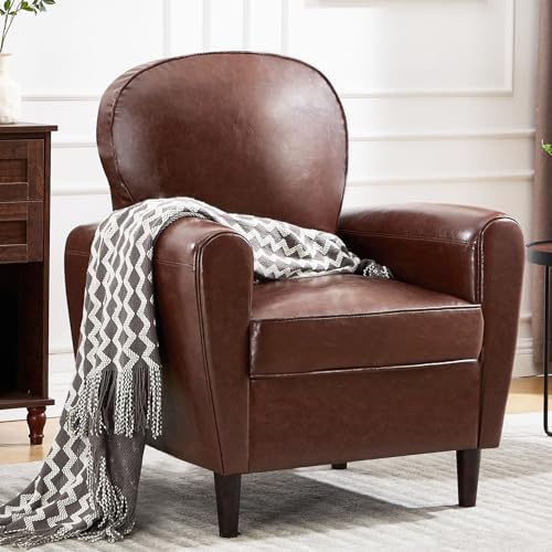 Mid Century Accent Chair, Modern Faux Leather Arm Chair, Comfy Upholstered Reading Chairs Single Sofa Chair for Living Room, Bedroom, Club, Brown