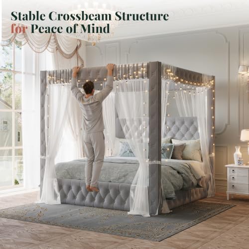 Jocisland King Canopy Bed Frame Velvet Upholstered Headboard,Grey