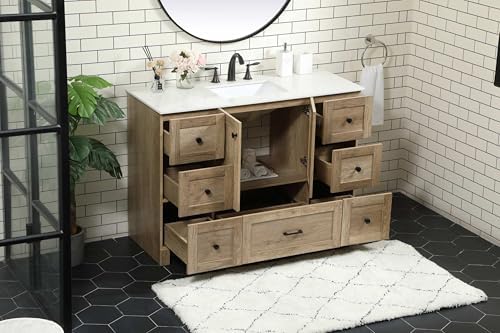 48" Pre-Assembled Bathroom Vanity with Sink, Engineered Wood, Ivory White Engineered Marble Countertop Attached, Single Rectangle Porcelain Sink, 7 Soft-Close Drawers, Natural Oak