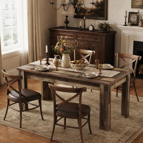 Garvee Wood Farmhouse Dining Table for 4-6, Heavy Duty Large Kitchen Table, 63 Inches Long Rectangular Dining Room Tables with Strong Legs, Thickness Tabletop, for Big Family, Dinette, Rustic Brown