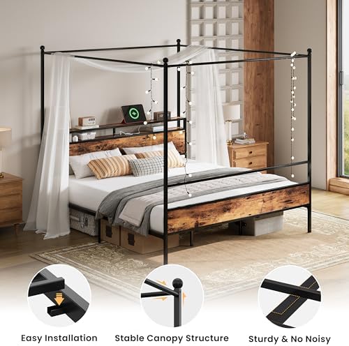 LIKIMIO Canopy Bed Frame King with Storage Headboard & Charging Station, Sturdy Metal Platform Bed with 4 Removable Posts, Dual Purpose Bed Frame, No Box Spring Needed, Noise Free