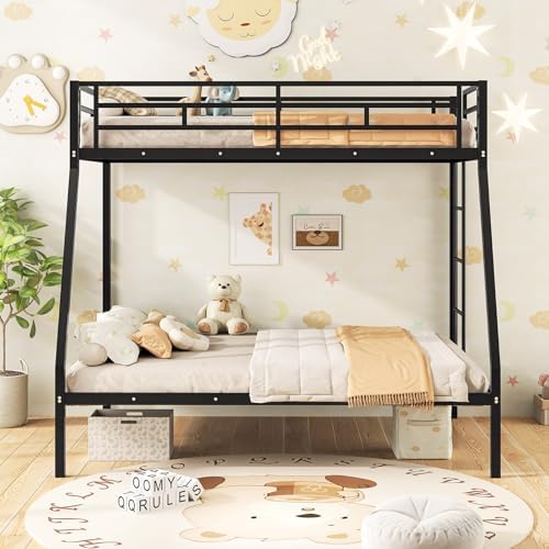 Giantex Metal Bunk Beds Twin Over Full Size, Heavy Duty Loft Bunk Bed with Ladder & Guardrail, Space Saving Bunk Bed for Dorm Apartment, Teens & Adults, Noise-Free, No Box Spring Needed, Black