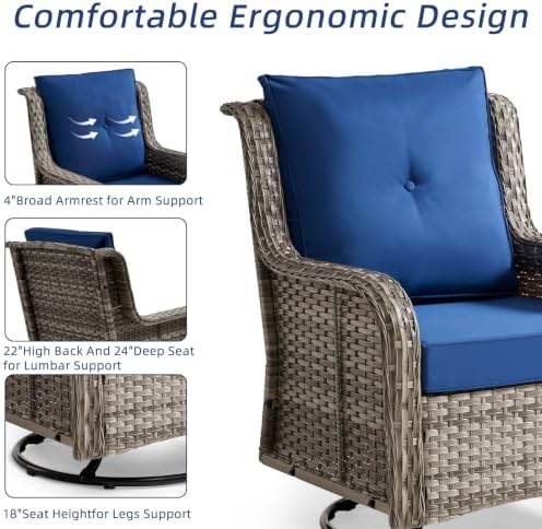 Wumiokio Patio Furniture Sets, Wicker Outdoor Furniture - 360 Degree Swivel Rocking Chairs and Rattan Side Table for Garden,Porch,Backyard (Grey Wicker/Blue Cushion, 5PCS - Swivel Chairs & Ottoman)