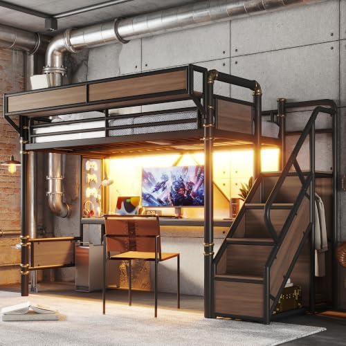 KEIKI Twin Size Metal Loft Bed Frame with Storage Staircase, Desk, Black