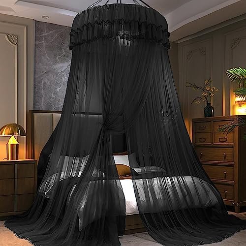 Kertnic Mosquito Net Bed Canopy for Girls, Princess Canopy Bed Curtain Fine Sheer Mesh Dome Bed Canopies, Girls & Adults Lace Tent for Twin Full Queen King Bed (Black)