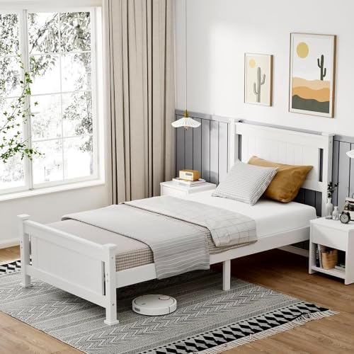 Bonnlo Twin Size Solid Wood Platform Bed Frame, Single Bed with Headboard, No Box Spring Needed Panel Bed, Wood Slat Support Mattress Foundation, White