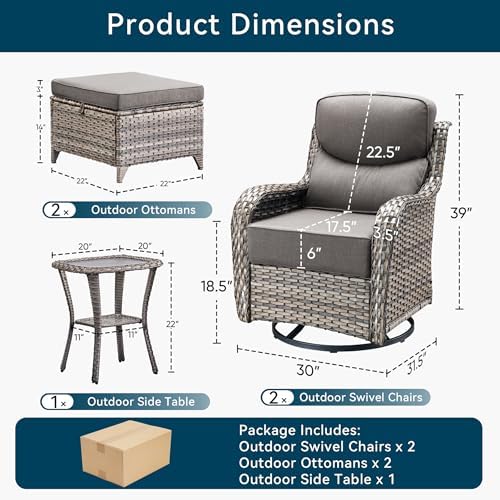 Luxury 5 Pieces Outdoor Patio Furniture Set-All Weather Wicker Outdoor Furniture with Swivel Rocker Patio Chairs 6-inch Extra Thick Cushions Wicker Conversation Set for Garden Porch(Grey/Grey)