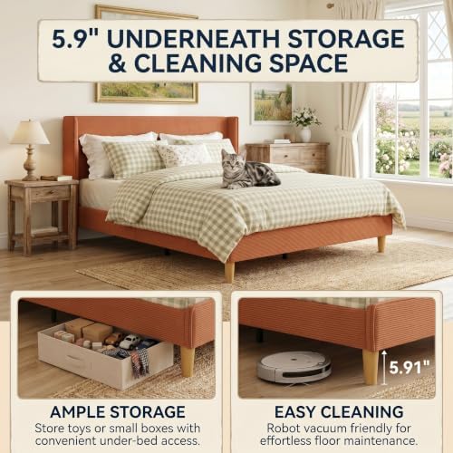 King Corduroy Upholstered Platform Bed with Headboard Wingback, Ocher