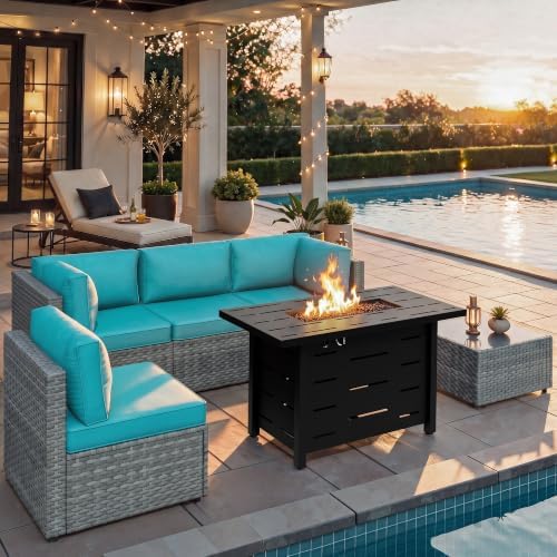 Shintenchi 6 Piece Outdoor Patio Furniture Set with 43 Inch Propane Fire Pit, Washable Cushions, Glass Coffee Table, Waterproof Cover & CSA Certified for Backyard Poolside, Silver PE Rattan/Blue