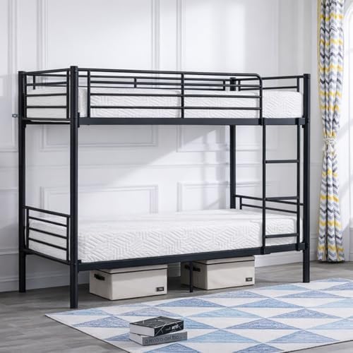 FCH Metal Bunk Bed Twin for Kids, Teens and Adults,Bunkbeds with Ladder and Flat Rungs, Heavy Duty Metal Slats Support, No Box Spring Needed, for Dorm,Bedroom,Black