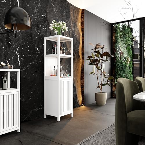 GDFStudio 52" Tall White Bamboo Storage Cabinet, Slim Freestanding Linen Tower with Open Shelves & Door Cabinet, Narrow Floor Organizer for Bathroom, Bedroom, Living Room, Kitchen