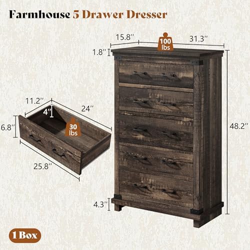 AMERLIFE 5 Pieces Farmhouse Bedroom Set, Includes Rustic Full Bed Frame with 54" Tall Headboard, 6 Drawer Dresser, 5 Drawer Tall Chest, Nightstands Set of 2 with Charging Station, Black Oak