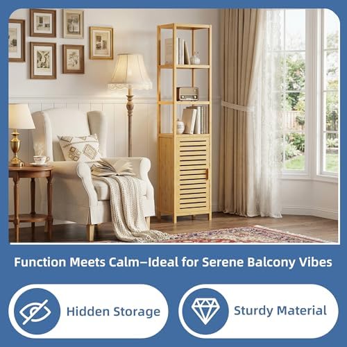 HITNET Bathroom Floor Cabinet, 6 Tier Tall Thin Linen Tower Storage Cabinet Free Standing Bamboo, Kitchen Side Organizer with 3 Shelves and Cupboard, Natural