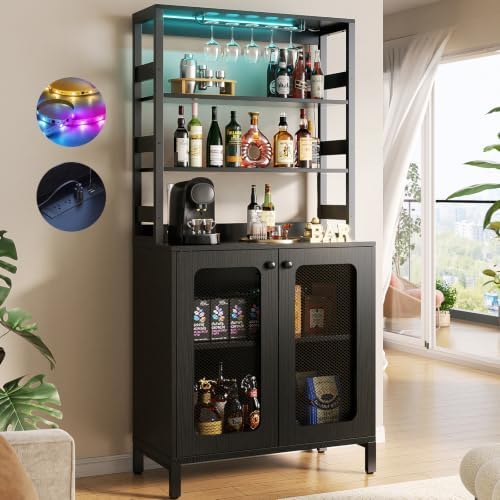 Aheaplus Bar Cabinet with Power Outlets, 67" Tall Wine Bar Cabinet, Black