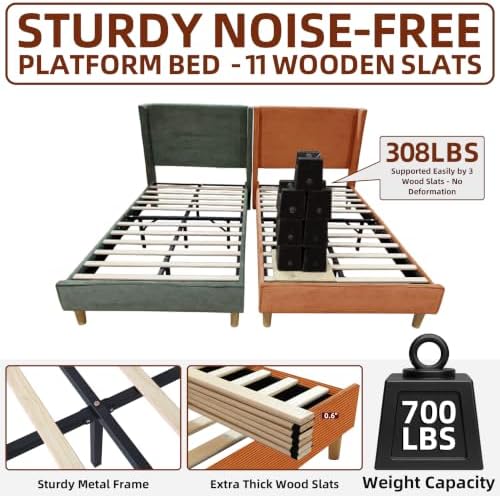 Twin Corduroy Upholstered Platform Bed with Headboard Wingback, Ocher