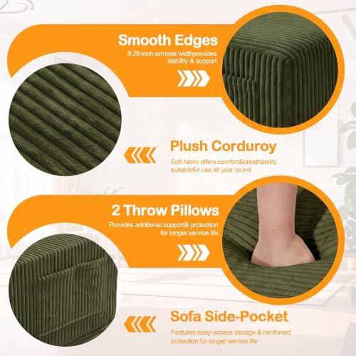 Erament 3 Seater Boneless Couch Sofa Bed, 78'' Corduroy Oversized Loveseat Folding Sofas Bed, Compression Convertible Futon Floor Couch Sofa Beds with 3 Pillows for Living Room Bedroom Apartment
