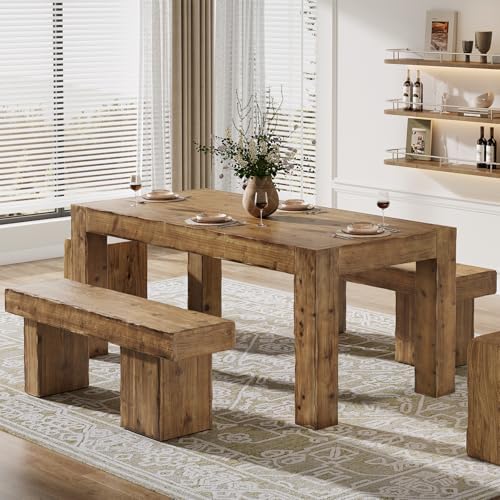 Solid Wood Dining Table for 6, 63-Inch Farmhouse Kitchen Table with Heavy Duty Legs, Rectangular Wood Dinner Table for Dining Room, Living Room, Natural Brown (Only Table)