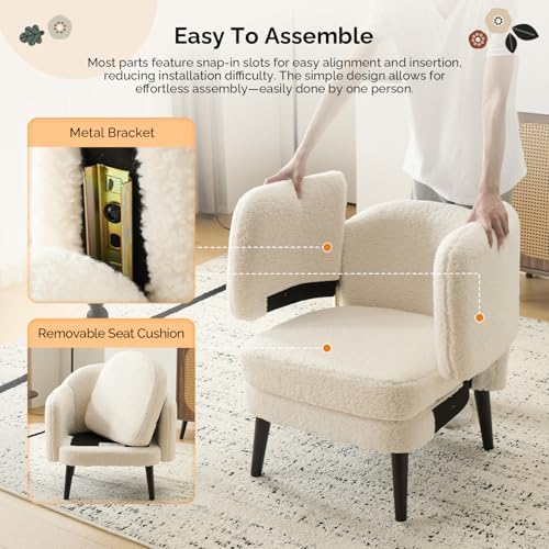 VINGLI 30.3" Wide Modern Barrel Accent Armchair with Track Armrest, Solid Wooden Legs, Comfy Upholstered Club Chair, Round Single Home Sofa for Living Room, Bedroom, Reading Room, Teddy Fleece White