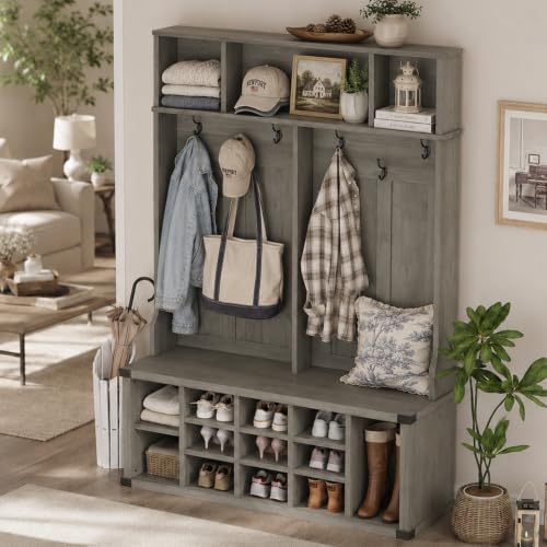 Garvee Farmhouse Entryway Hall Tree with Bench, Shoe Storage & Coat Rack