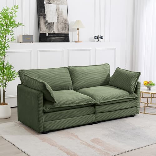 ROWHY 78'' Sectional 2 Seat Cloud Loveseat with 2 Throw Pillows, Modern Corduroy Love Seat, Cozy Sofa for Living Room, Office and Bedroom,Green